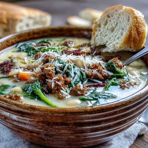 Creamy Tuscan White Bean Soup with Sausage in a rustic bowl, topped with Parmesan and wilted spinach, steam rising.