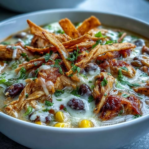 A warm bowl of Easy Chicken Tortilla Soup, garnished with melted cheddar and fresh cilantro, steaming invitingly.