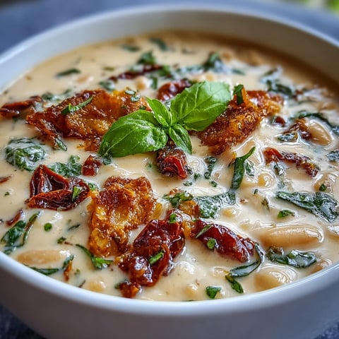 Creamy Tuscan White Bean Soup with crispy pancetta and sun-dried tomatoes, served steaming in a rustic bowl.
