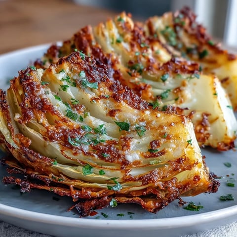 Golden Roasted Garlic Parmesan Cabbage Wedges with crispy, caramelized edges on a serving platter.