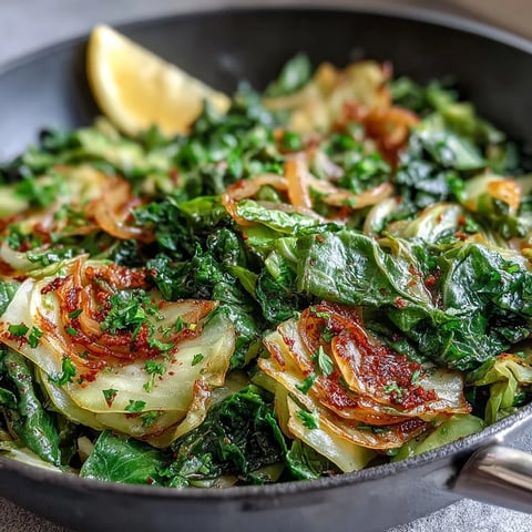 Freshly sautéed cabbage with garlic and Mediterranean spices, garnished with parsley and served with lemon wedges. 
