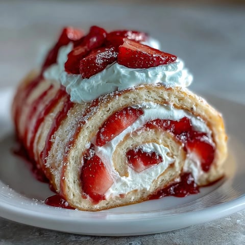 Thin golden crepes wrap airy sponge cake, whipped cream, and juicy strawberries in a Strawberry Shortcake Sushi Roll.