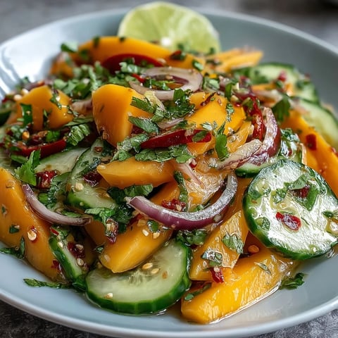 Bright strips of ripe mango, red bell pepper, and cucumber mingle with fresh cilantro and optional chilies, lightly dressed in a zesty lime and honey vinaigrette.