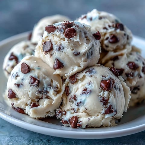 Close-up of creamy Greek Yogurt Cookie Dough with mini chocolate chips, scooped into chilled, bite-sized portions ready to enjoy.