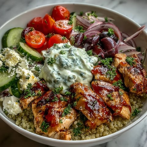 Juicy lemon-herb grilled chicken slices rest on fluffy quinoa, with cucumber, cherry tomatoes, and creamy tzatziki drizzle.