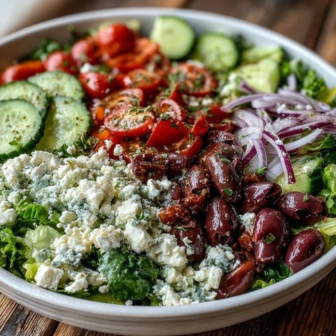 Freshly tossed Greek Salad Bowl with crisp romaine, juicy tomatoes, and creamy feta cheese topped with briny Kalamata olives.