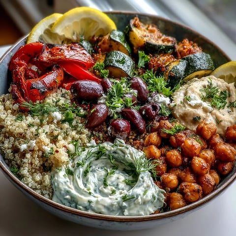 Freshly roasted vegetables, chickpeas, and tangy feta top a warm bowl of fluffy quinoa in this vibrant Mediterranean Buddha Bowl.