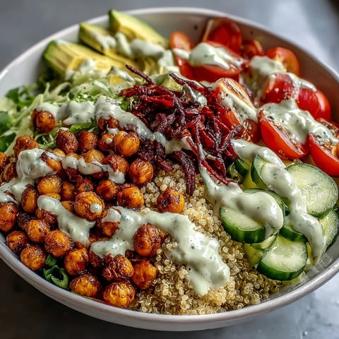 Golden roasted sweet potatoes and crispy chickpeas top fluffy quinoa in this vibrant Buddha Bowl, finished with creamy garlic tahini dressing.