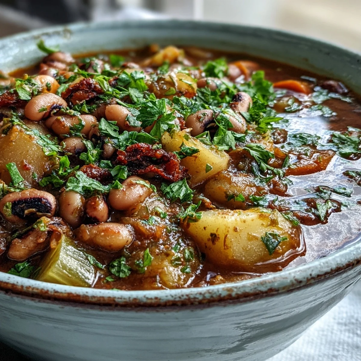 A hearty bowl of Black-Eyed Pea Stew with Chefs Touch, garnished with fresh parsley and served alongside crusty bread.