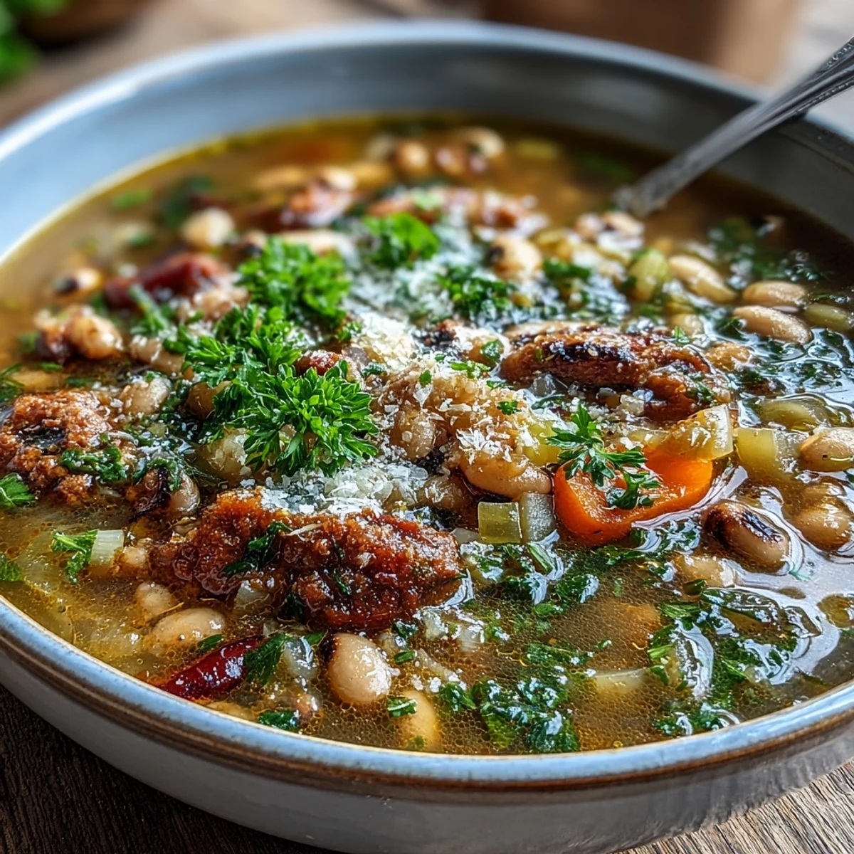 Close-up of steaming Black-Eyed Peas and Sausage Soup in a rustic bowl, garnished with fresh parsley.