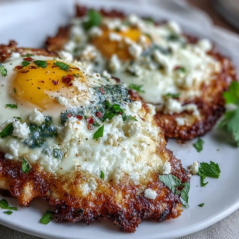 Golden, crispy feta nests cradle perfectly cooked, runny-yolked Crispy Feta Fried Eggs in a hot skillet.
