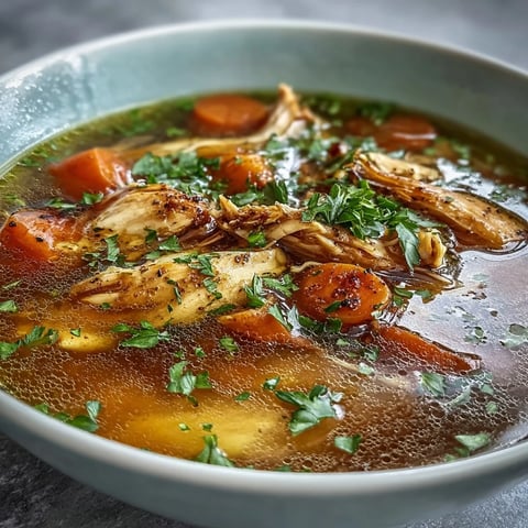 Golden Anti-Inflammatory Turmeric Chicken Soup steaming in a bowl with fresh cilantro and lemon wedges.