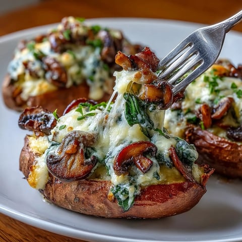 Creamy Mushroom and Spinach Stuffed Sweet Potatoes baked whole, sliced open to reveal a rich, cheesy filling.
