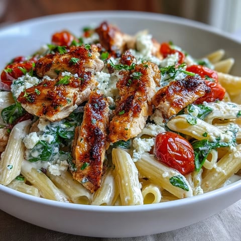 A close-up of Roasted Garlic & Feta Chicken Pasta, featuring penne coated in a creamy white sauce with tender chicken and wilted spinach.