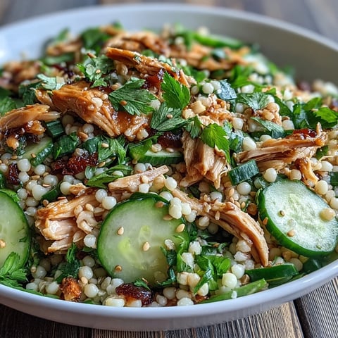 Freshly cooked pearl couscous cools on a tray before being mixed with shredded chicken and crisp cucumbers for this Asian Sesame Chicken Couscous Salad.