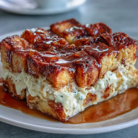 Golden-brown Caramel Cream Cheese French Toast Casserole fresh from the oven, drizzled with extra caramel and ready to slice.