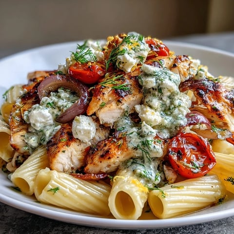 Close-up of Roasted Garlic & Feta Chicken Pasta featuring sliced tender chicken and blistered cherry tomatoes.