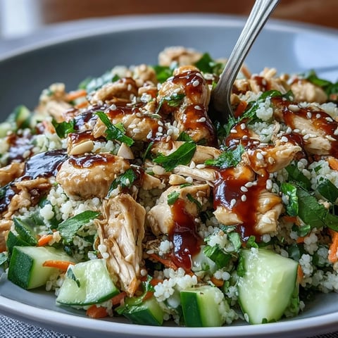 Freshly cooked pearl couscous salad with shredded rotisserie chicken, crisp cucumber, carrots, and herbs, tossed in a sesame-soy dressing and topped with toasted sesame seeds.
