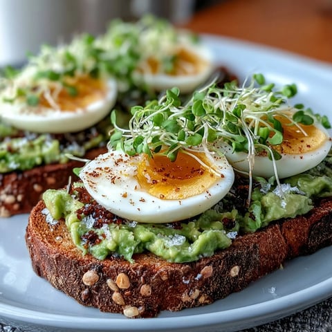 Golden soft-boiled egg halves glisten over creamy avocado mash on crisp whole grain toast, topped with fresh microgreens for a nourishing Clean Eating Avocado Toast breakfast.
