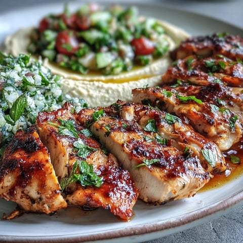 Sliced Mediterranean Grilled Chicken with Hummus and Tabbouleh plated next to a crisp salad and creamy dip.