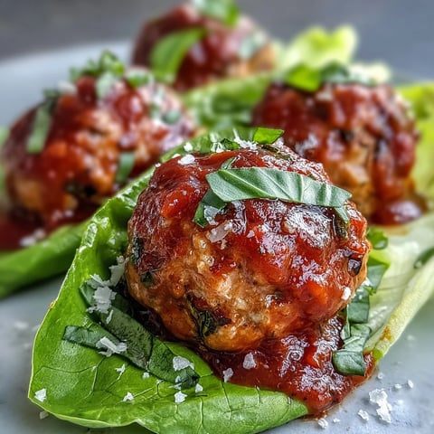 Juicy turkey meatballs in crisp lettuce cups with bright marinara, ready to eat.