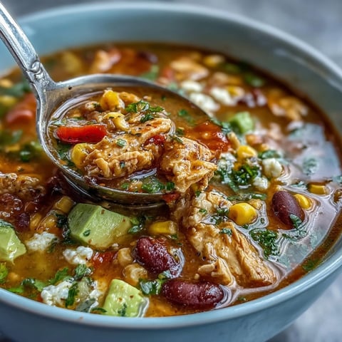A steaming bowl of high-protein chicken taco soup filled with colorful veggie confetti and fresh cilantro.