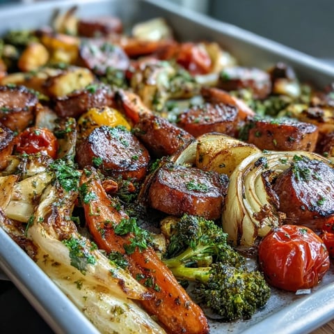 Vibrant sheet pan rainbow veggie and sausage bake with colorful roasted vegetables and juicy sausage slices.