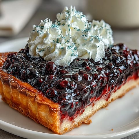 A golden, flaky tart shell filled with vibrant black currant curd and topped with a swirl of fluffy whipped cream.  