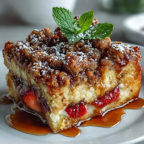 Golden Galentine's Brunch Strawberry French Toast Casserole with fresh berries and a crunchy cinnamon topping, perfect for sharing with friends.