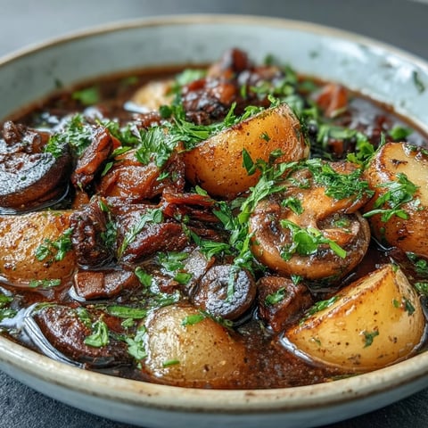 A hearty, comforting vegan Irish stew with savory mushroom meat and tender root vegetables in a rich vegetable broth.