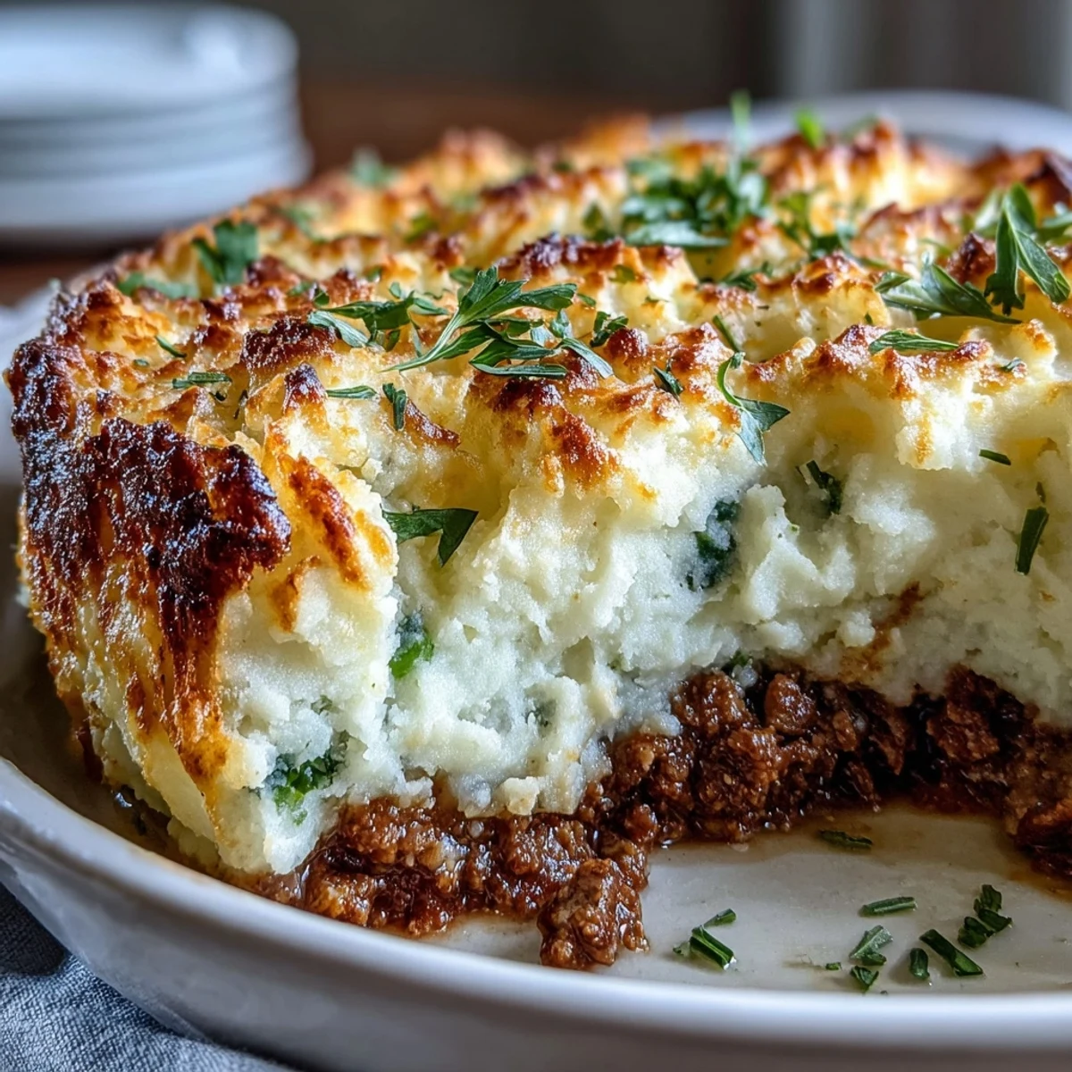 A comforting shepherd's pie with cauliflower mash topping, featuring savory ground meat and vegetables beneath a creamy golden crust.