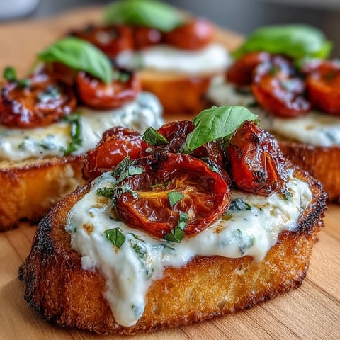 Crispy crostini topped with creamy burrata cheese and sweet roasted cherry tomatoes, garnished with fresh basil and olive oil.