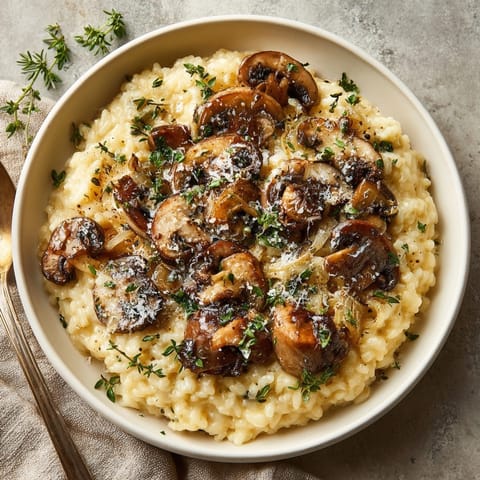 Golden-brown Creamy Mushroom &amp; Thyme Risotto: imagine tender rice, fragrant herbs, a cozy classic.