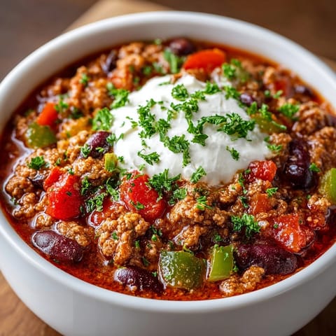 Close-up of Bloody Mary Chili, garnished with fresh parsley and a tangy lemon wedge.