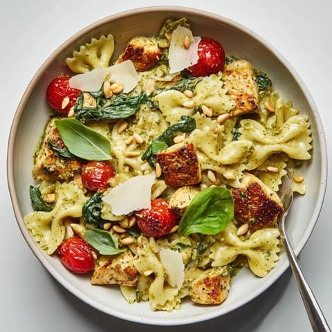 Creamy basil Pesto Chicken Bowtie Pasta dish served with cherry tomatoes and spinach.  