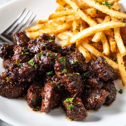 Savory blackened Cajun steak bites glistening with butter beside golden fries.  