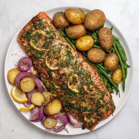 Freshly baked Lemon Herb Salmon & Potato Sheet Pan, featuring perfectly cooked salmon and herbs.