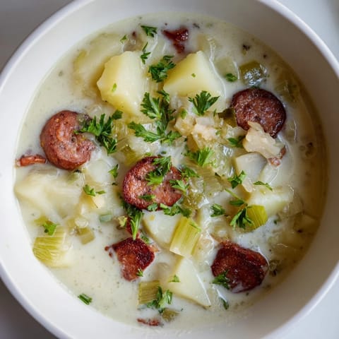 This Potato, Leek & Chorizo Soup bowl recipe shows a rich, reddish broth with tender potatoes and savory chorizo.