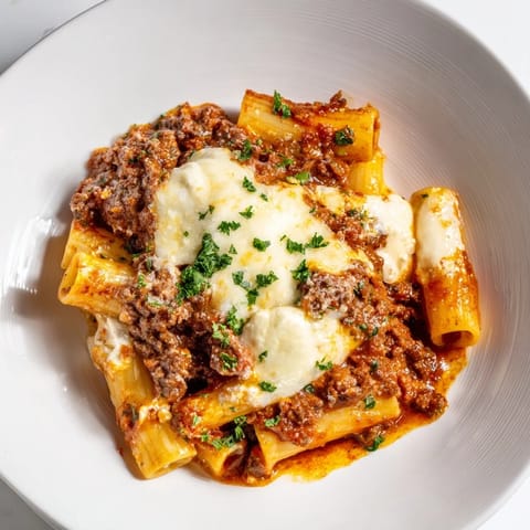 Hearty Baked Ziti with Meat Sauce: a warm, cheesy Italian comfort food favorite ready to eat now.