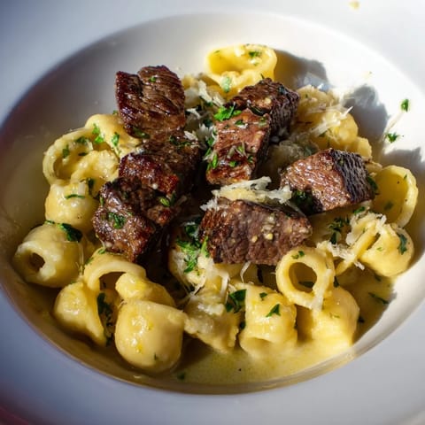 Sizzling steak bites coated in garlic butter, served with a blanket of cheesy pasta shells.