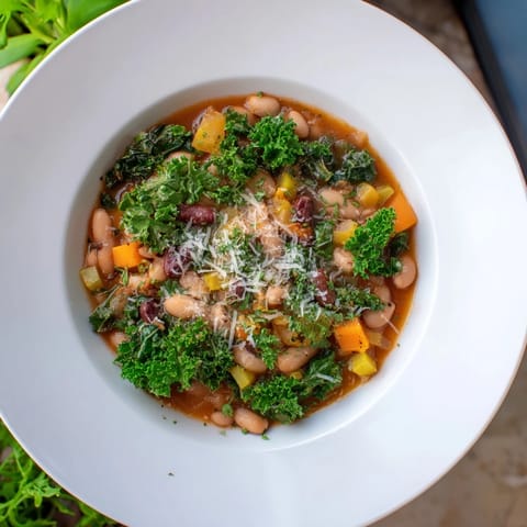 Flavorful Italian Bean & Kale Stew, served hot in a bowl, perfect for a cozy, satisfying dinner.