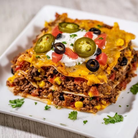 Golden-brown Taco Lasagna with melted cheese, brimming with flavorful meat and vegetables ready to serve.