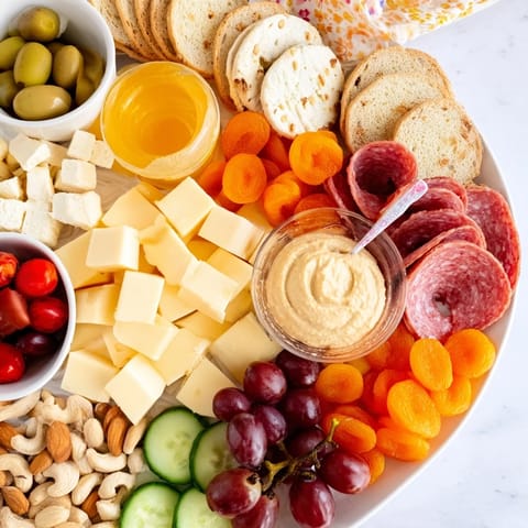 Enjoy a colorful Picnic Basket Snack Board, showcasing fresh fruit, cheese, and crunchy crackers.