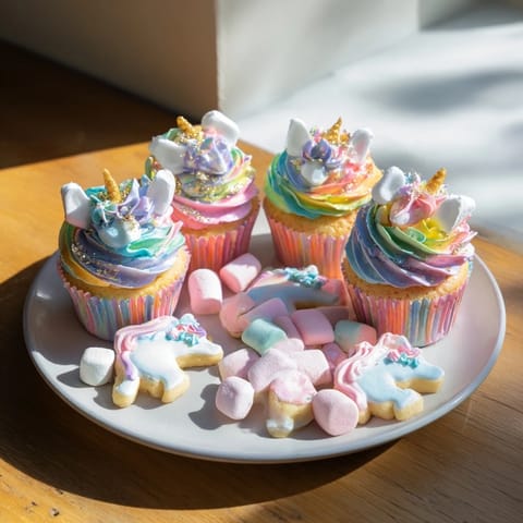 Imagine the charming Magical Unicorn Dessert Table featuring rainbow-frosted cupcakes and shimmering edible glitter.