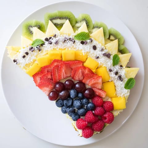 Vibrant Birthday Board: Fresh fruit artistically arranged in a cake slice, a delicious, healthy party snack.