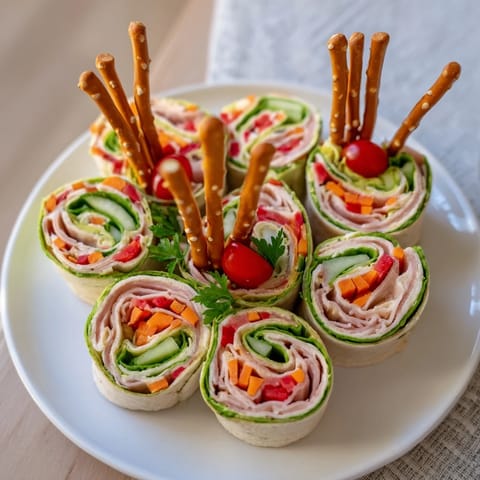 Bright, colorful close-up of delicious Savory Smoked Turkey Pinwheels Tree, ready to be enjoyed.