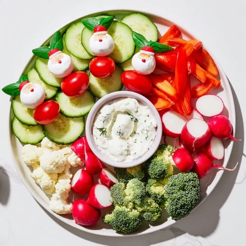 This Savory Crudités: Veggie Santa Hat Dip Platter displays festive arrangements of fresh vegetables and a creamy dip.