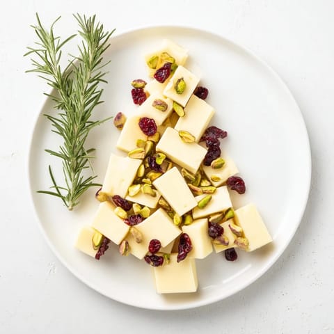 Delicious, creamy white cheddar cubes form this beautiful Cranberry White Cheddar Tree decorated with rosemary.