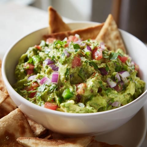 A close-up of a Pita Chips and Guacamole Bowl reveals the textures of this delicious snack idea.
