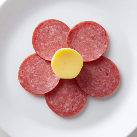 Easy-to-make Tudor Rose appetizer: perfectly arranged salami and cheese, ready in 10 minutes.